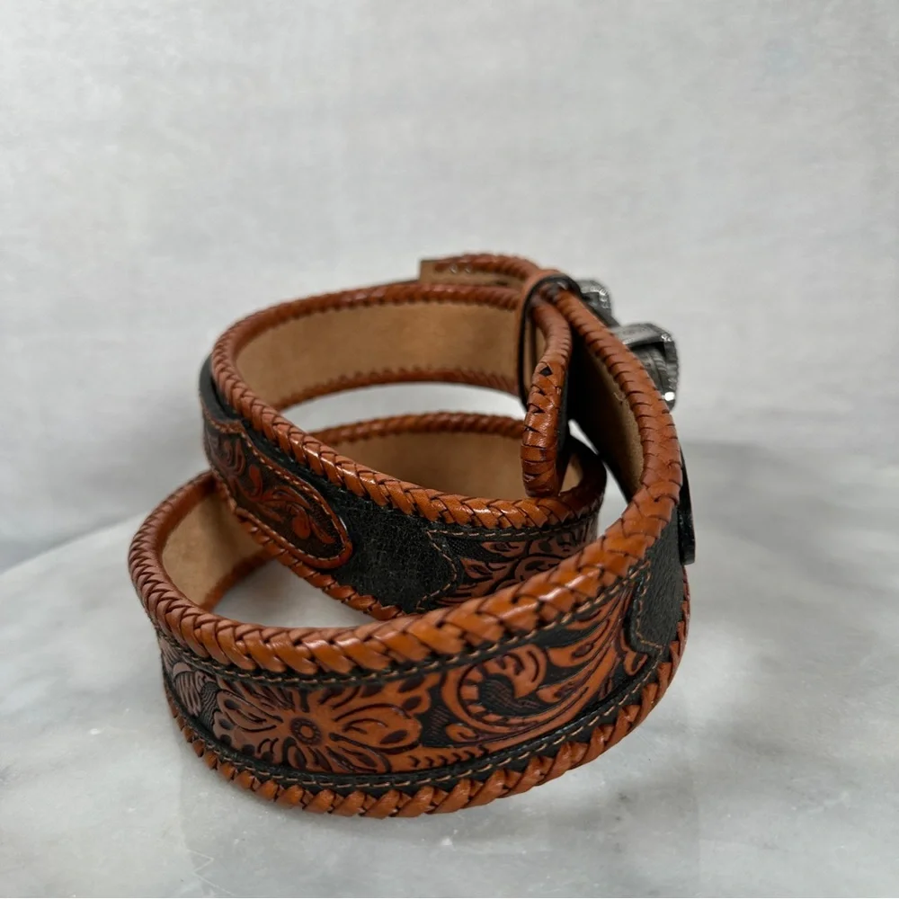 Brown Leather belt western‎ black tooled stitching Silver Buckle cowboy cowgirl